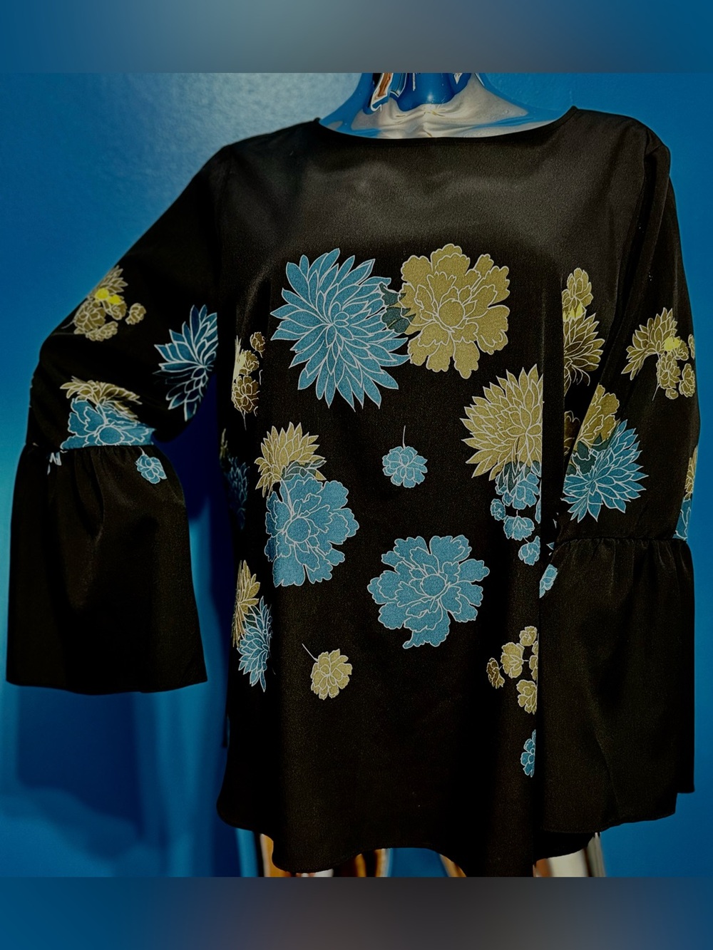 Apt. 9 Black Bell-Sleeve Blouse with Blue and Olive Floral Print
